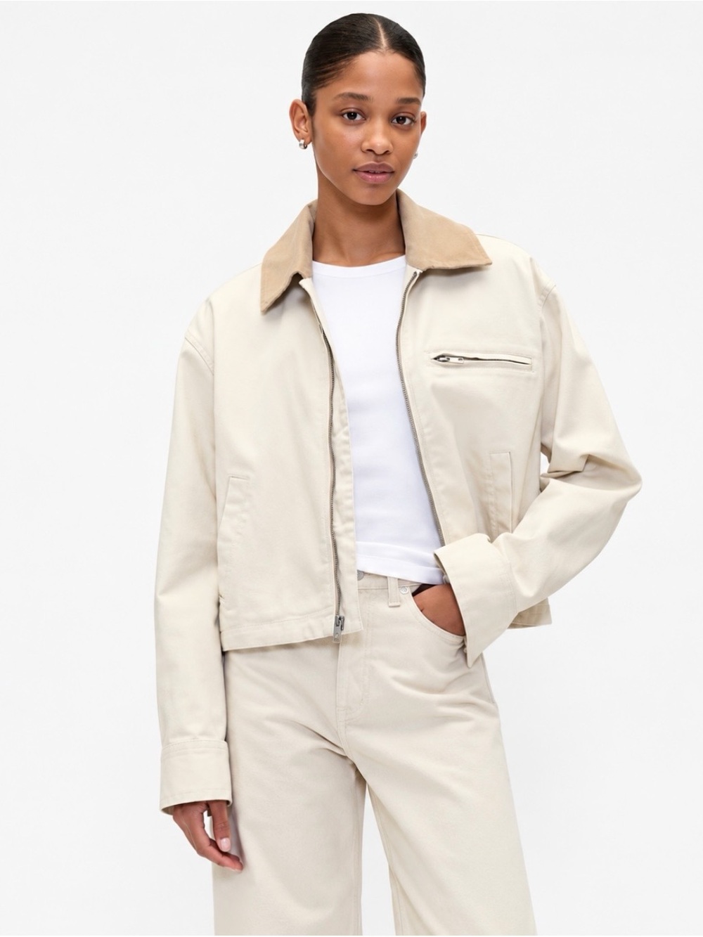Gap Cream Canvas Utility Workwear Jacket Contrast Collar Size L